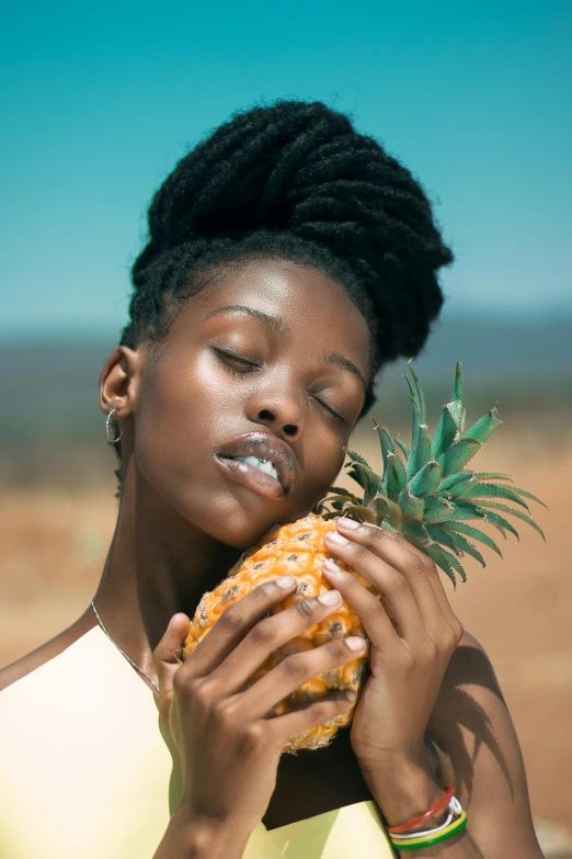 a woman holding a pineapple in front of her face, pexels contest winner, renaissance, photo of a black woman, girl with messy bun hairstyle, ( ( ( ( kauai ) ) ) ), square