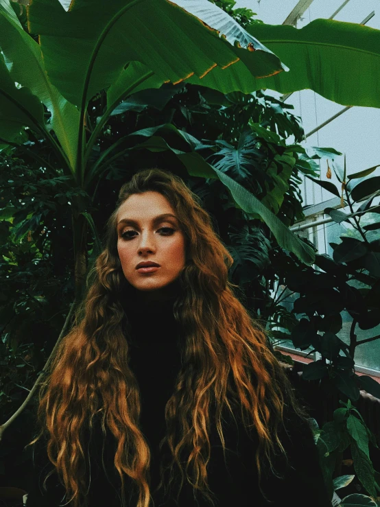 a woman standing in front of a banana tree, an album cover, inspired by Elsa Bleda, trending on pexels, renaissance, ginger wavy hair, portrait sophie mudd, ☁🌪🌙👩🏾, selfie of a young woman