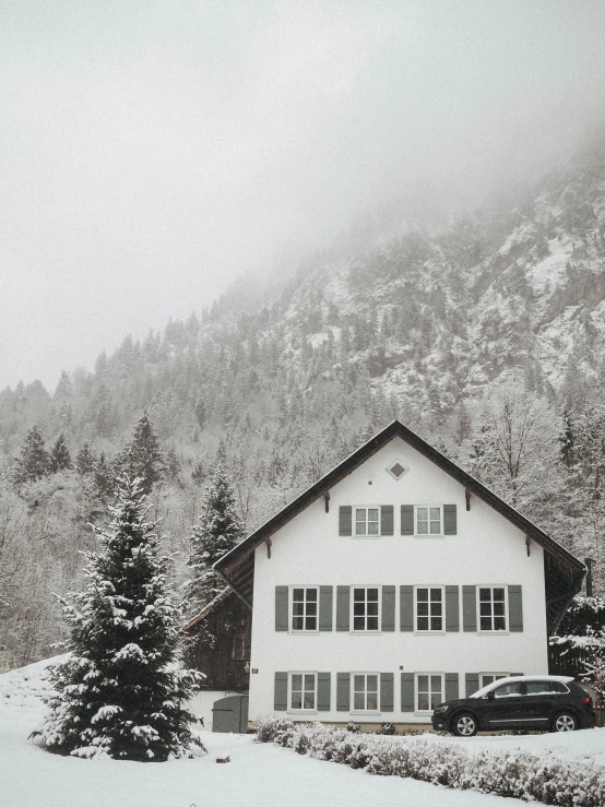 a black and white photo of a house in the snow, by Johannes Voss, pexels contest winner, muted colors. ue 5, cozy room, 🌲🌌, trending on vsco