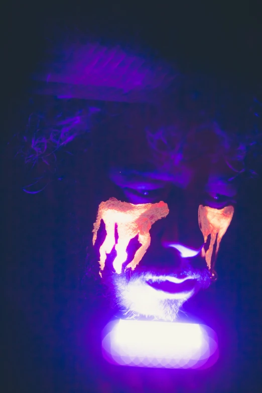 a close up of a person's face in the dark, an album cover, pexels, holography, afro-psychedelia, drippy, halloween, backlit glow