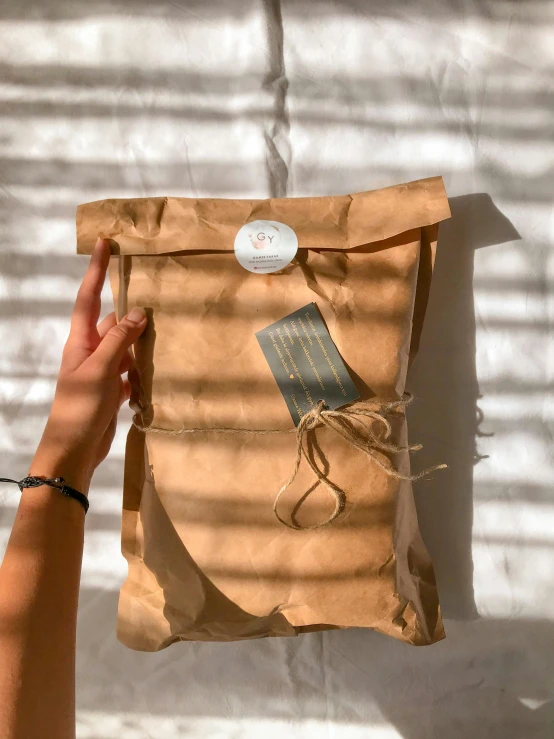 a person holding a brown paper bag with a tag on it, designed for cozy aesthetics!, sealed since 1989, laura watson, battered