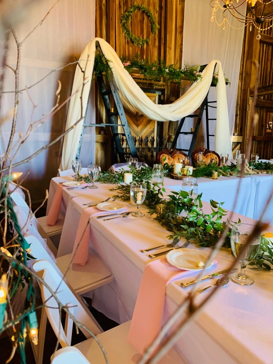 a table that has a bunch of place settings on it, draped in pink and green robes, inside a barn, pilgrim village setting, entwined in vines and nature