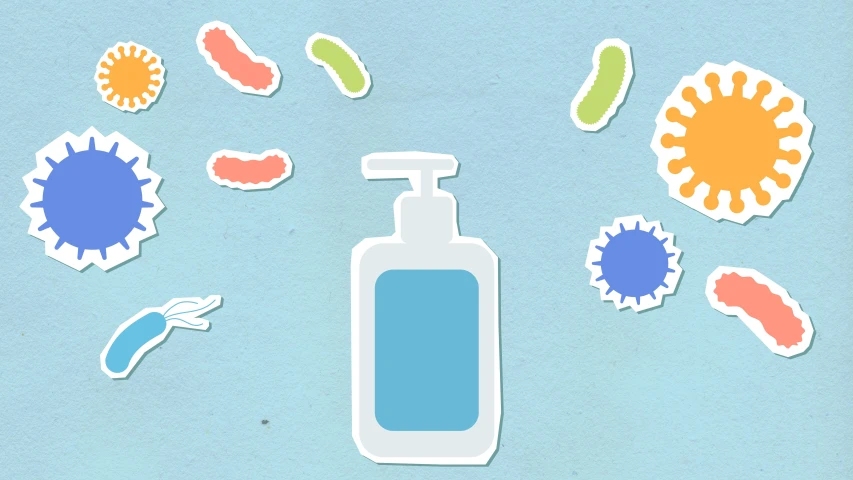 a bottle of hand sanitizer surrounded by stickers, an illustration of, trending on pexels, conceptual art, micro - organisms, blue, sink, group photo