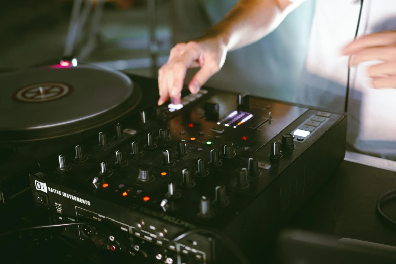 a close up of a person using a dj controller, by Niko Henrichon, trending on pexels, private press, mixing drinks, instagram story, banner, brown