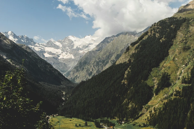 a view of a valley with mountains in the background, pexels contest winner, les nabis, larapi, evergreen valley, high quality product image”