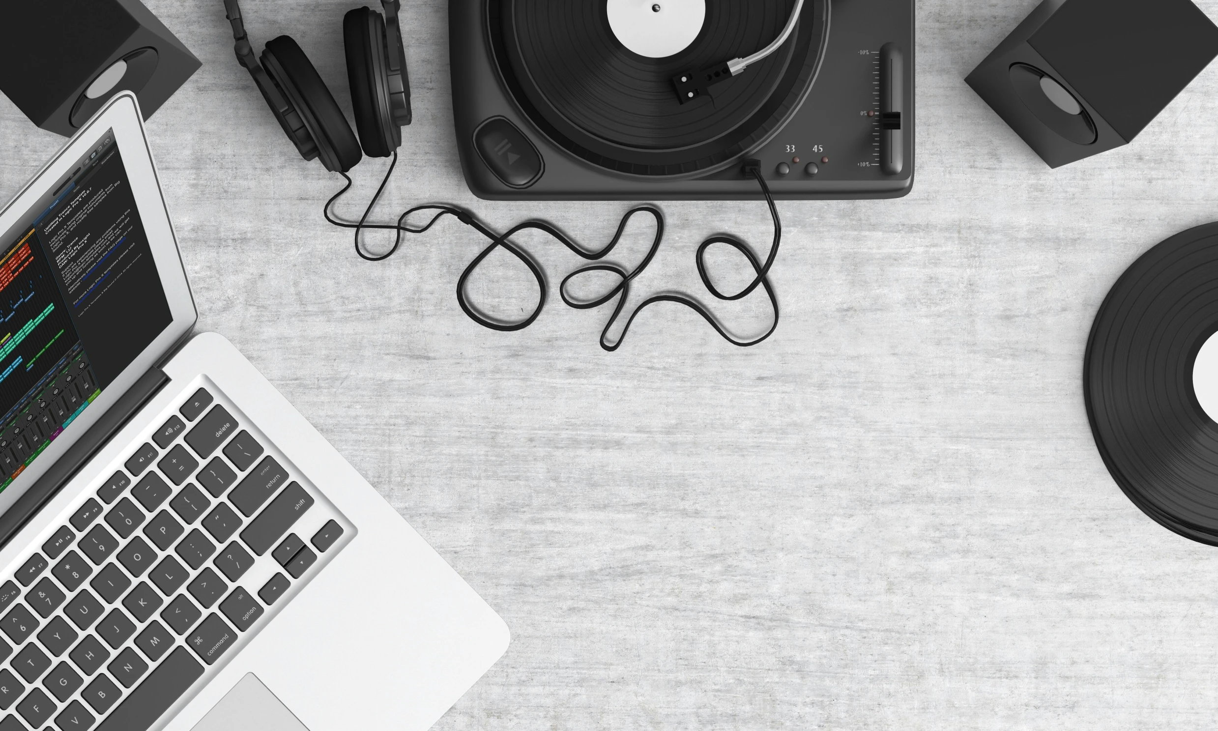 a laptop computer sitting on top of a wooden table, an album cover, trending on pexels, computer art, headphones dj rave, black and white monochrome, on a white table, background image