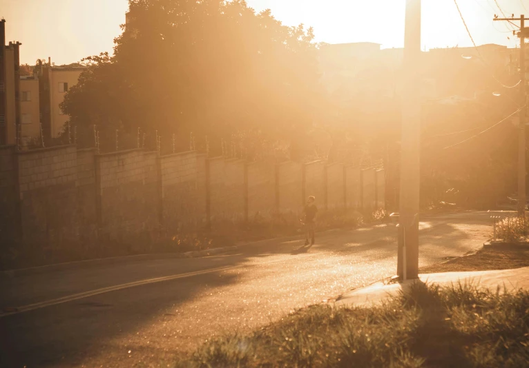 a street sign sitting on the side of a road, inspired by Elsa Bleda, unsplash contest winner, happening, sun flares, people running, in a suburb, brown