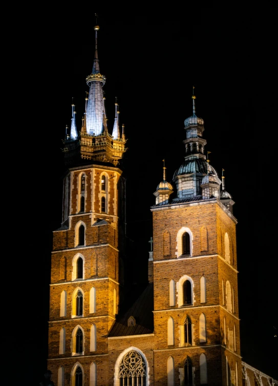 a couple of tall buildings lit up at night, a photo, by Adam Marczyński, baroque, black domes and spires, square, high quality image, color image