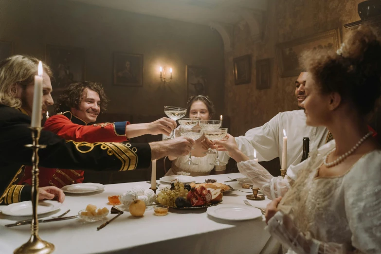 a group of people toasting at a dinner table, inspired by Pietro Longhi, pexels contest winner, rococo, cinema still, wartime footage, joe keery, with victorian clothing