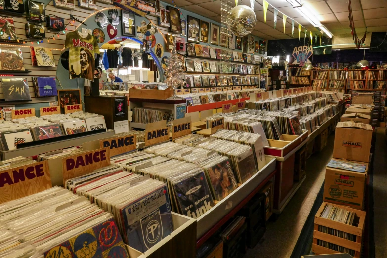 a record store filled with lots of records, an album cover, pexels, maximalism, “wide shot, brown, sprawling, weird americana