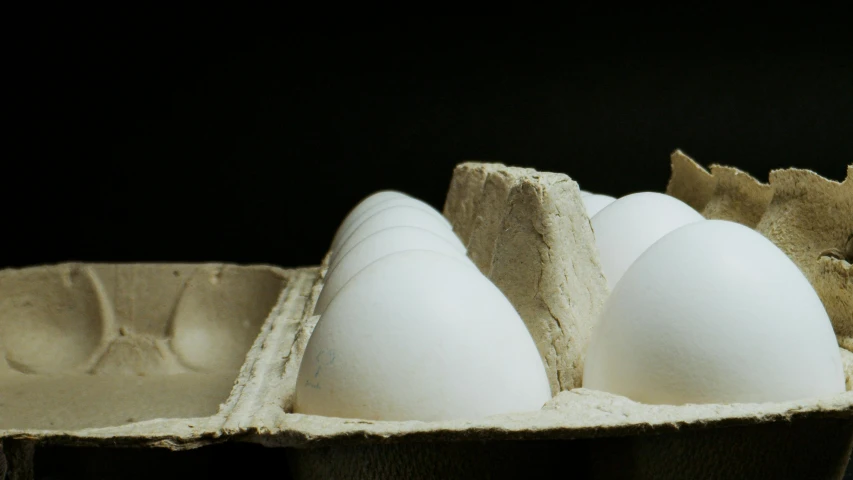 a carton of eggs sitting on top of a table, in front of a black background, profile pic, white ceramic shapes, up-close