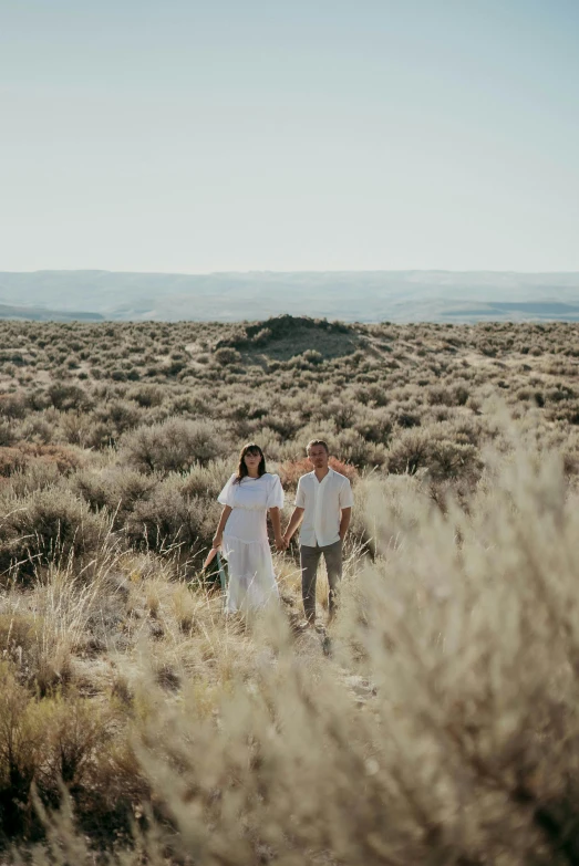 a man and a woman walking through a field, by Jessie Algie, trending on unsplash, land art, desert setting, with soft bushes, idaho, standing on rocky ground