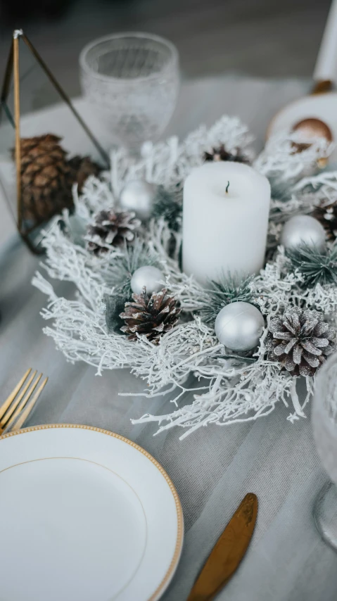 a christmas table setting with pine cones and candles, inspired by Arthur Burdett Frost, trending on unsplash, baroque, on grey background, ornamental halo, frosty, 15081959 21121991 01012000 4k