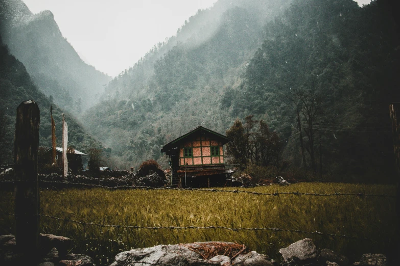 a house sitting on top of a lush green field, pexels contest winner, sumatraism, himalayas, gloomy earthy colors, postapocalyptic vibes, college