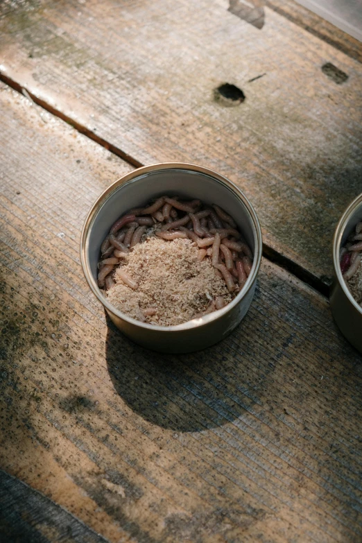 two bowls of food sitting on top of a wooden table, a picture, ground covered in maggots, cans, pale pink grass, centipede