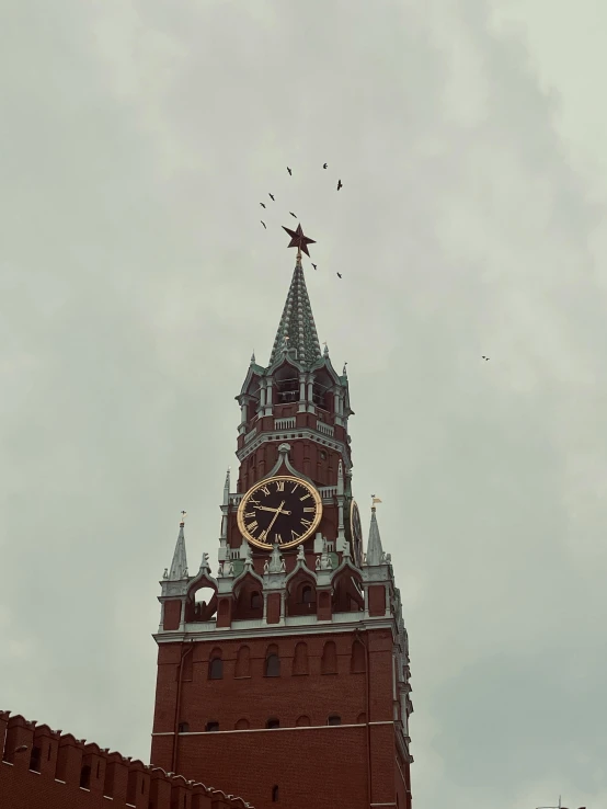 a tall tower with a clock on top of it, an album cover, inspired by Vasily Surikov, pexels contest winner, socialist realism, bird flocks!!, low quality photo, in moscow centre, 000 — википедия