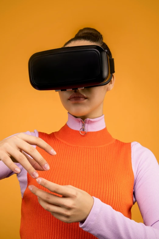 a woman wearing a virtual reality headset, by Carey Morris, hypermodernism, in front of an orange background, close up to the screen, gesture dynamic, square