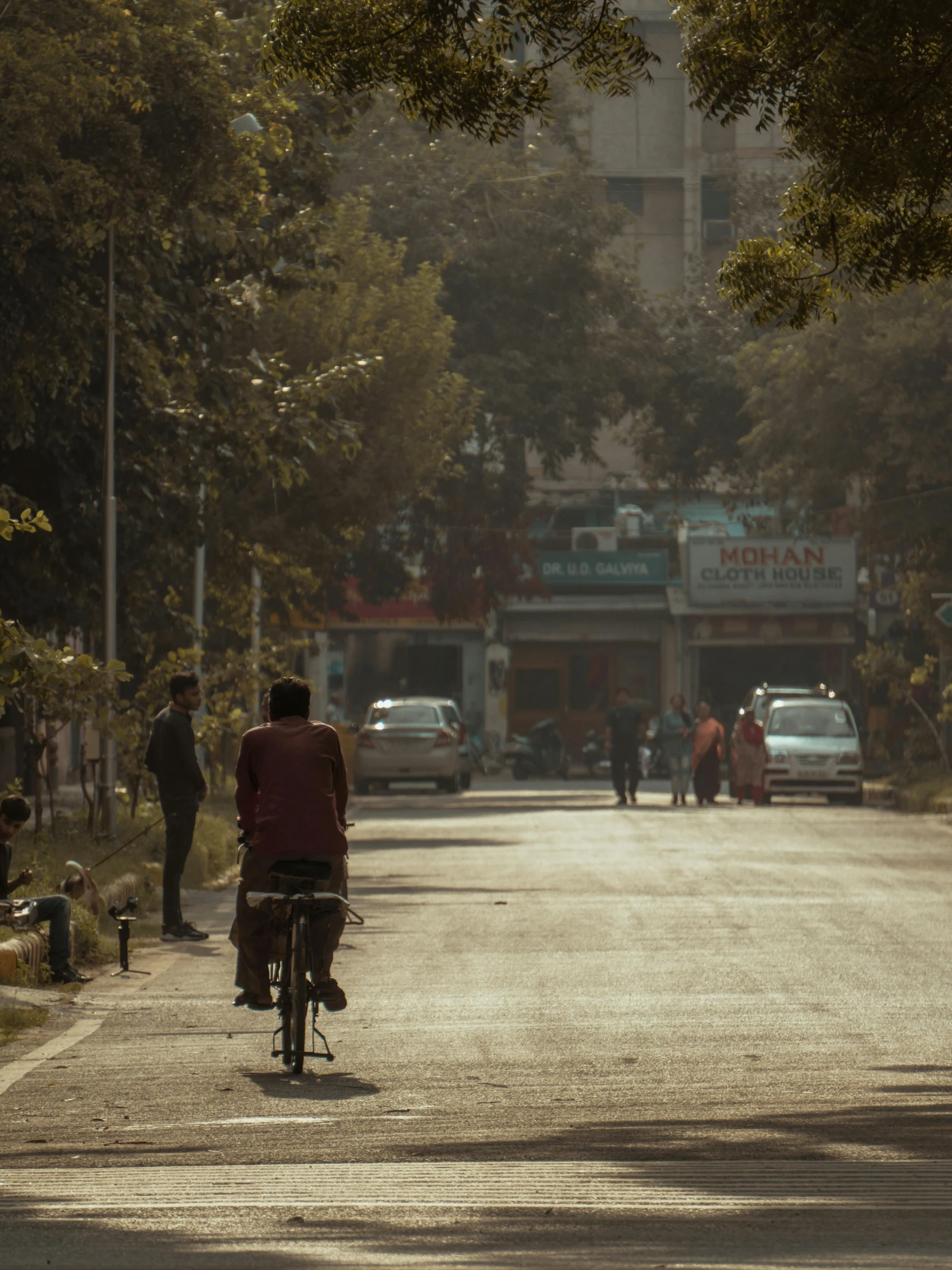 a person riding a bike down a street, against the backdrop of trees, on an indian street, from the distance, impactful