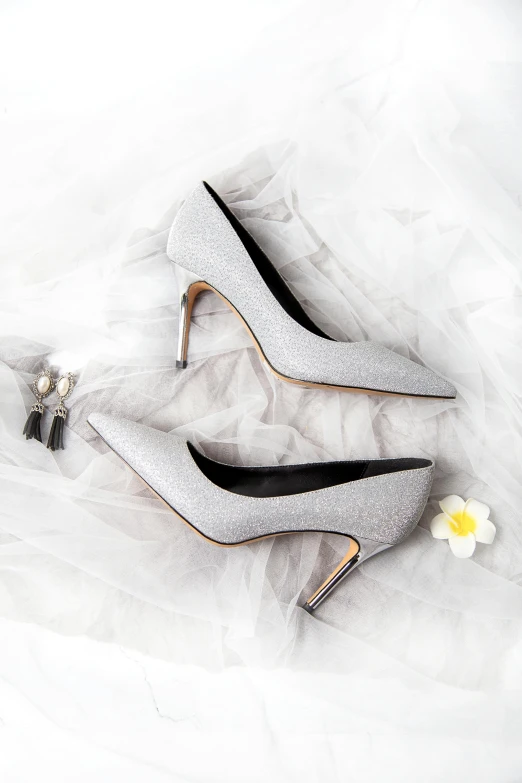 a pair of high heeled shoes on a white fur, by Gwen Barnard, trending on pexels, renaissance, the dress\'s lower, grey and silver, flat lay, led