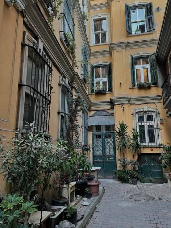 a narrow alley with lots of potted plants, a picture, pexels contest winner, art nouveau, on a great neoclassical square, full building, greek setting, profile image