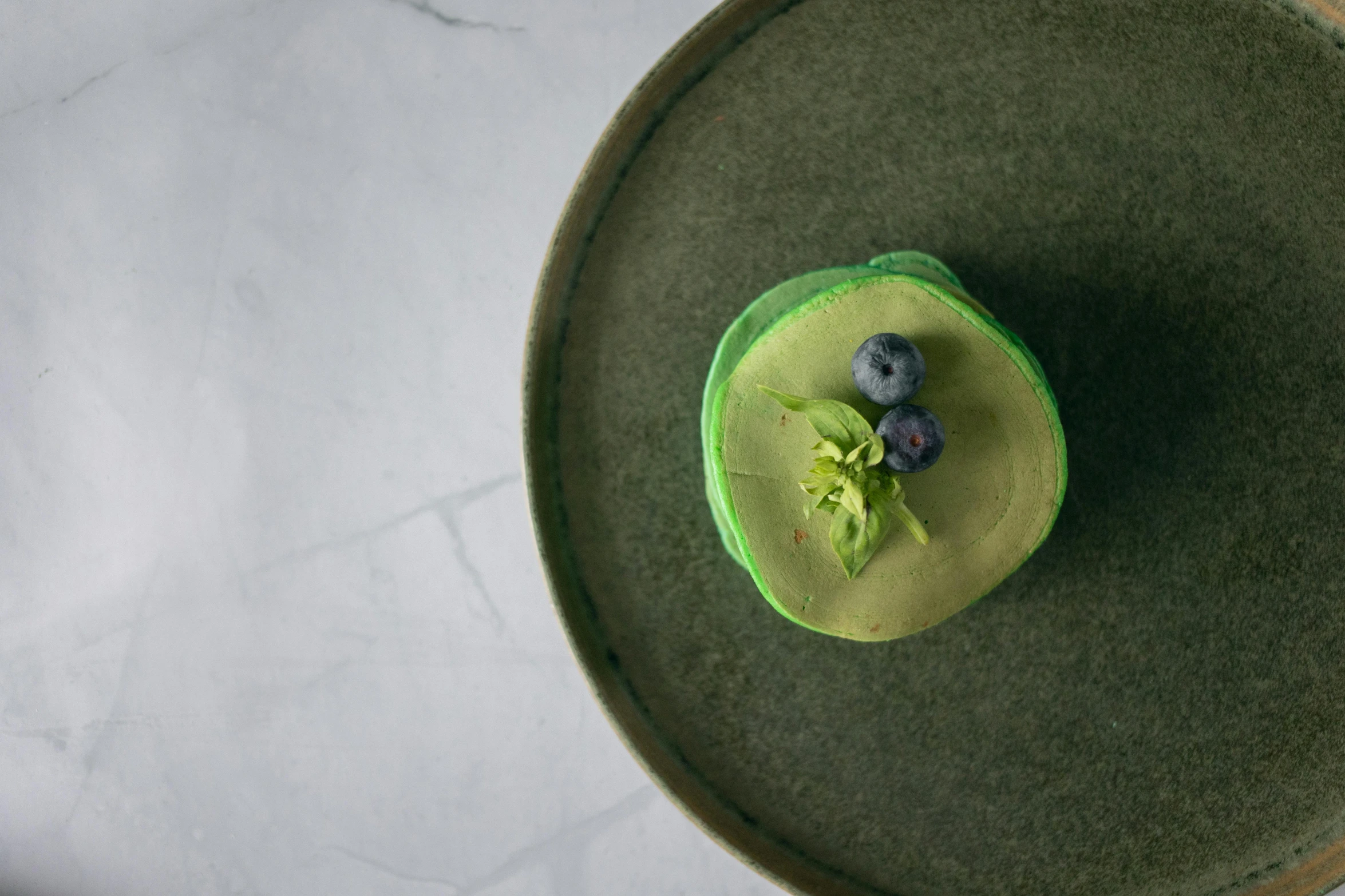 a close up of a plate of food on a table, a picture, inspired by Art Green, unsplash, cupcake, light green and deep blue mood, ignant, close-up product photo