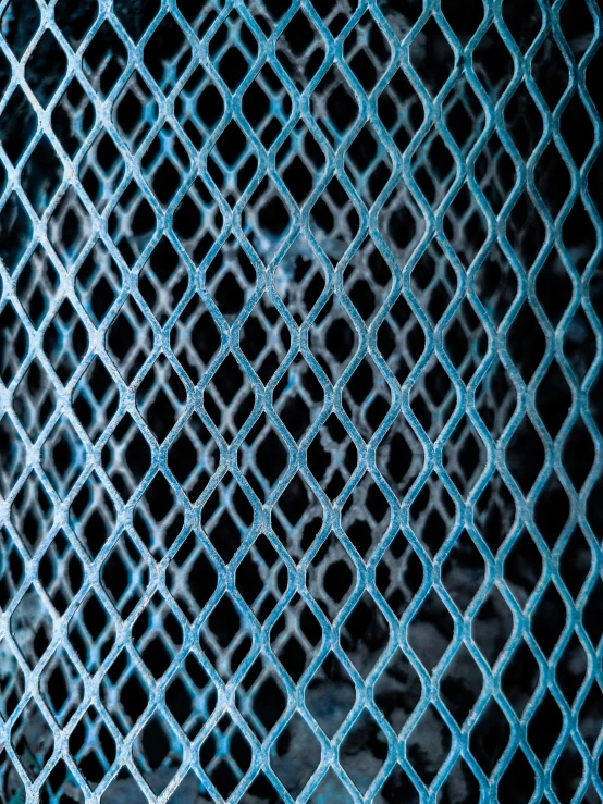 a red fire hydrant sitting next to a metal fence, an album cover, by Jacob Toorenvliet, net art, soft blue texture, fishnet, detail texture, blue-black