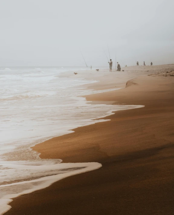 a group of people standing on top of a sandy beach, foggy water, fishing, unsplash photography, brown