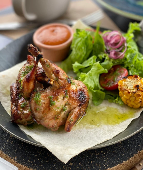 a close up of a plate of food on a table, turaco morphing chicken, barbecue, square, thumbnail