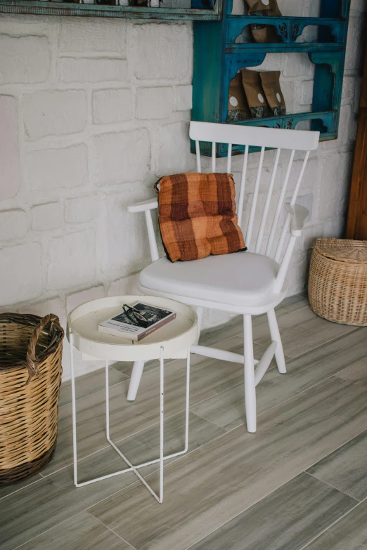 a white chair sitting on top of a wooden floor, dau-al-set, arrendajo in avila pinewood, jakarta, detailed product image, cottage