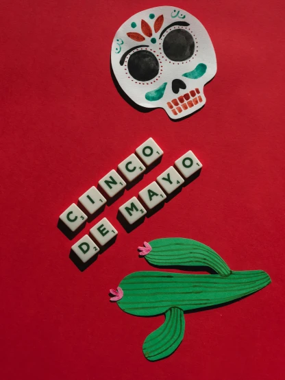 mexican day of the dead decorations on a red background, an album cover, by Carey Morris, pexels contest winner, a rubik's cube, green letters, ☁🌪🌙👩🏾, knolling