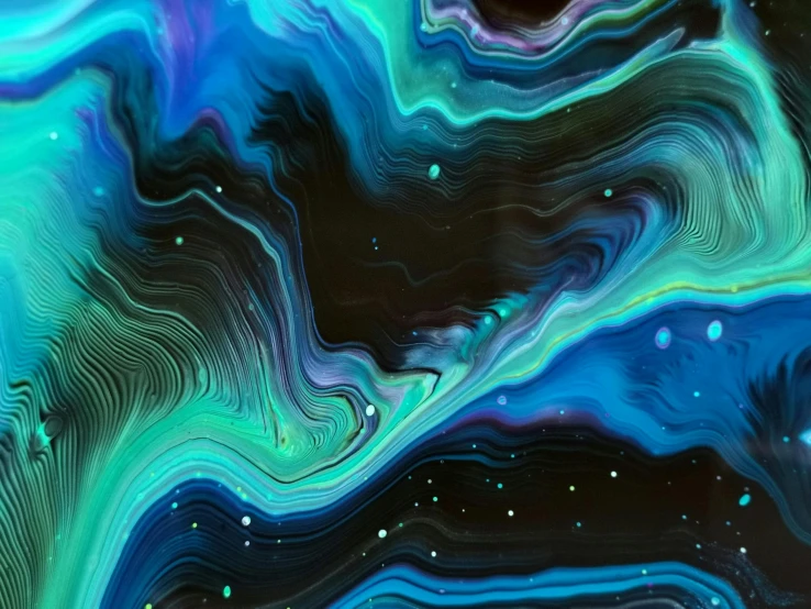 an abstract painting with blue and green colors, trending on pexels, space art, glowing liquid, black and teal paper, the milk way up above, glowing lines