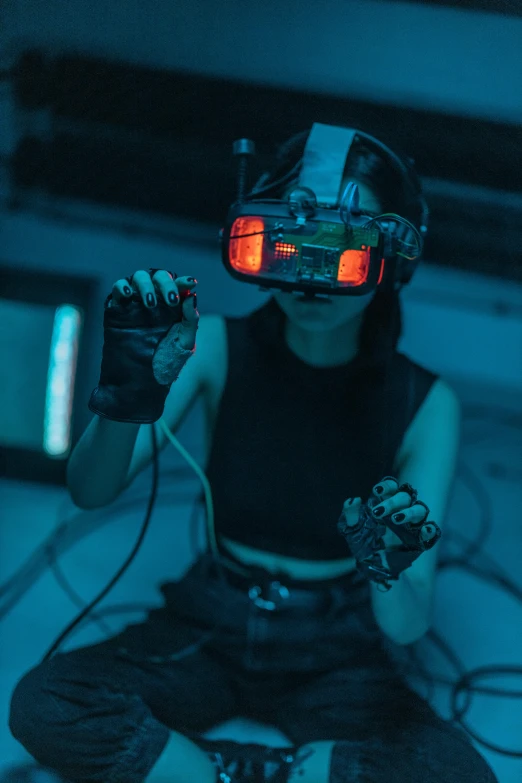 a woman sitting on a bed with headphones on, cyberpunk art, trending on pexels, vr helmet on man, siggraph, goggles, tron
