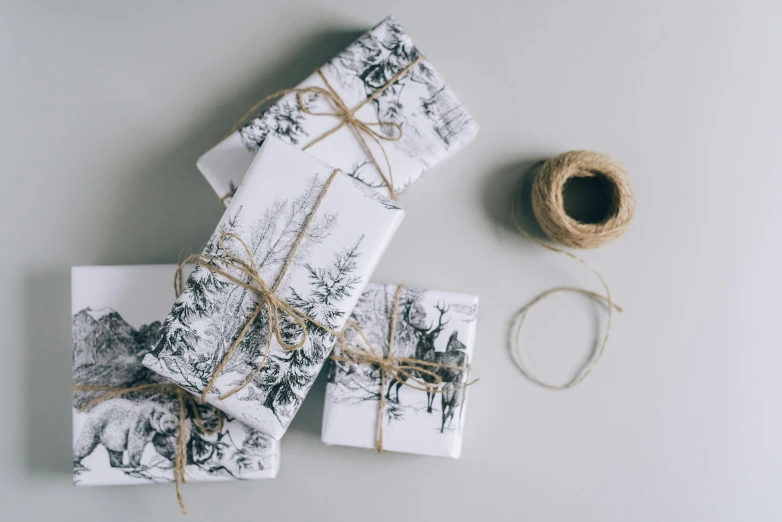 a spool of twine of twine of twine of twine of twine of twine of twine of twine of, a black and white photo, by Sylvia Wishart, pexels contest winner, birthday wrapped presents, forest themed, then another, festive