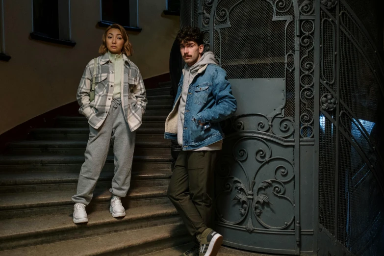 a couple of people that are standing on some stairs, a portrait, by Matija Jama, instagram, renaissance, wearing a jeans jackets, palladium, official store photo, jugendstil