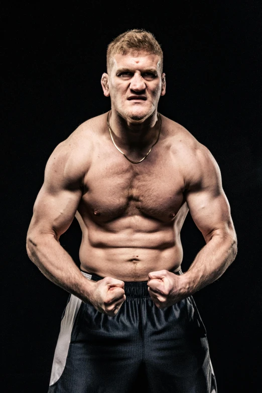 a shirtless man standing in front of a black background, portrait of ernest khalimov, david noren, promo image, round-cropped