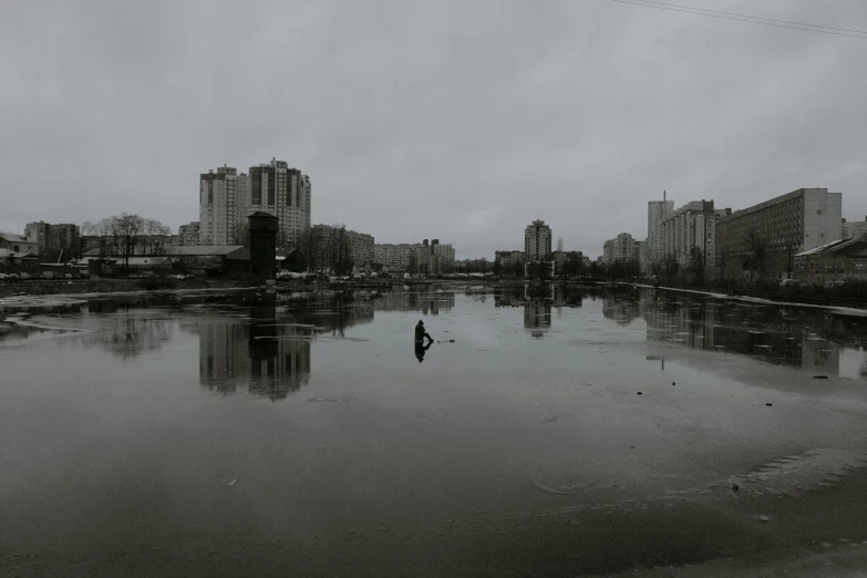 a black and white photo of a flooded street, a black and white photo, by Alexey Venetsianov, unsplash contest winner, surrealism, panoramic view of girl, city is pure wasteland, swamp, no people 4k