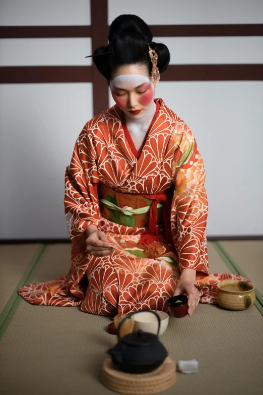 a woman in a kimono sitting on the floor, blending, wearing traditional garb, square, photo for magazine