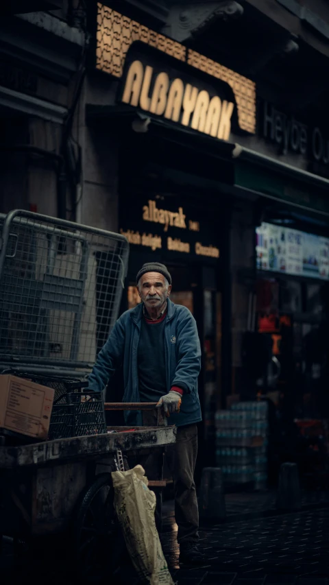 a man riding a bike down a street next to a store, pexels contest winner, portrait of a old, smirking, desaturated color, fisherman