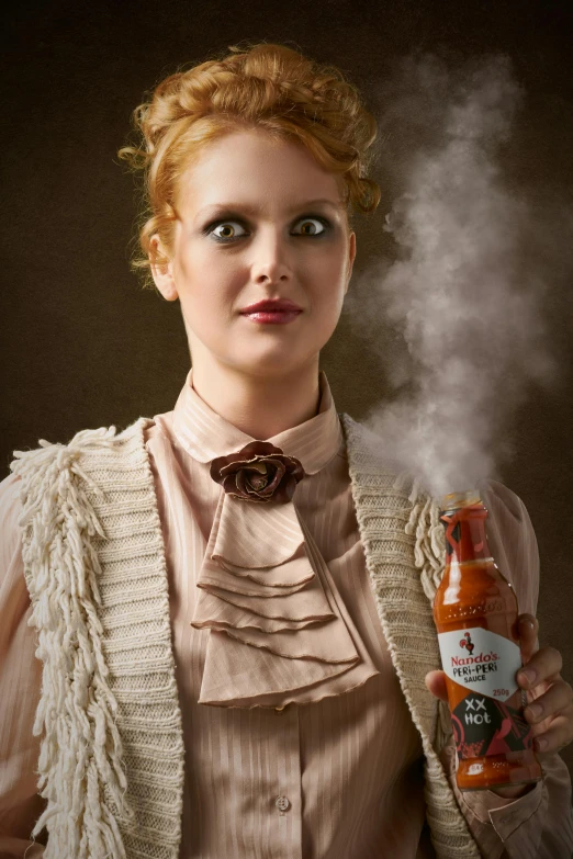 a woman holding a bottle of hot sauce, a portrait, inspired by Quentin Matsys, shutterstock contest winner, heavy smoke, sullen old maid ( redhead, steam-punk, hyper realistic”