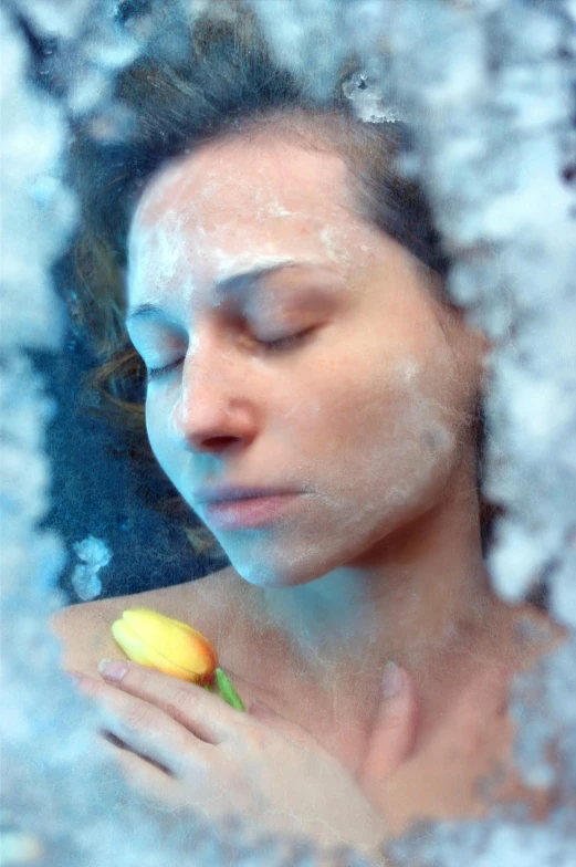 a woman holding a banana in front of a mirror, a photorealistic painting, inspired by Elsa Bleda, pexels, underwater bubbles, snow on the body, facemask made of flowers, the face emerges from pamukkale