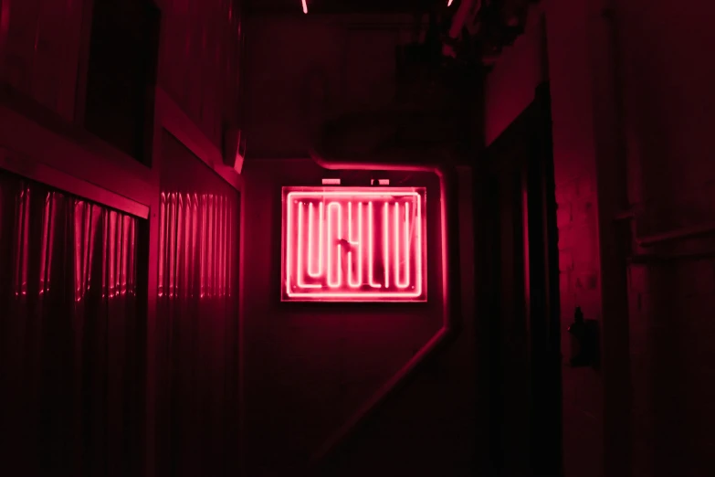 a red neon sign hanging from the side of a building, an album cover, unsplash contest winner, lyco art, ‘luca’, liminal space hallway, locklegion, in a nightclub