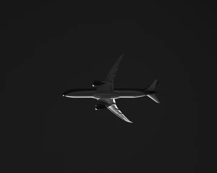 a black and white photo of an airplane in the sky, by Matthias Weischer, pexels contest winner, minimalism, on a flat color black background, realistic aircraft, midnight, high contrast plastic
