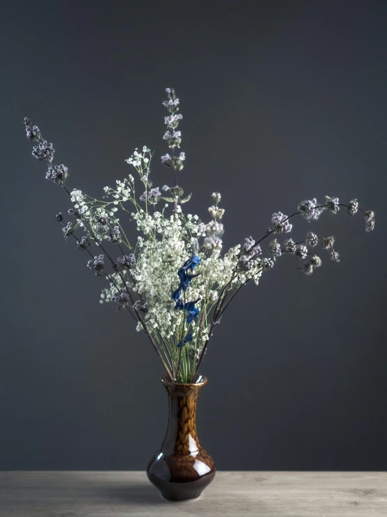 a vase with some flowers in it on a table, inspired by François Boquet, unsplash, grey and blue theme, dried herbs, rendered in povray, dark sienna and white