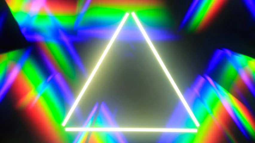 a triangle made out of multicolored lights, a hologram, octane ray tracing, white neon, just one rainbow 8 k, laser light *