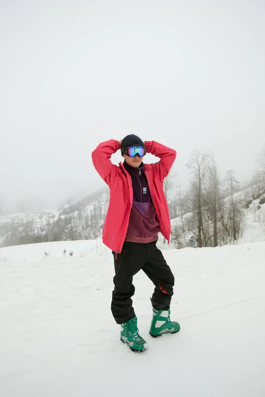 a man standing on top of a snow covered slope, doing a sassy pose, profile image, goggles, non-binary