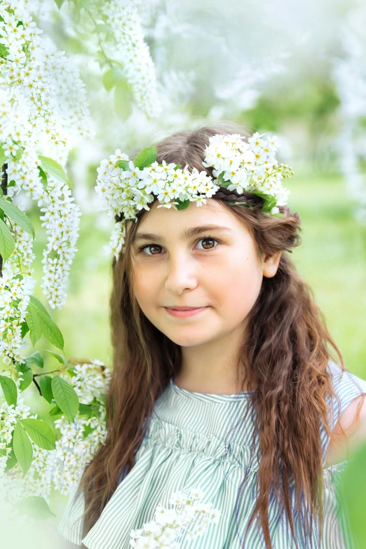 a little girl with a wreath of flowers on her head, inspired by Kate Greenaway, shutterstock contest winner, portrait of white teenage girl, cheeryblossom, photo taken in 2018, no cropping