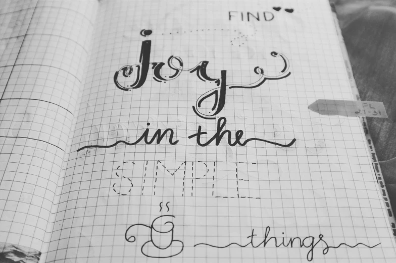 a notebook that has some writing on it, a drawing, by Emma Andijewska, pexels, she expressing joy, typographic, background image, minimalistic!! simple