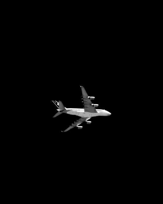 a large jetliner flying through a black sky, a raytraced image, minimalism, gif, [ zero - gravity ]!!, mini model, black and white image