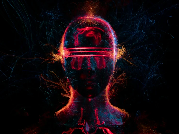 a close up of a person wearing a helmet, a hologram, inspired by Mike Winkelmann, pexels contest winner, digital art, crimson fire head, mind character, liquid fire, aura jared and wires