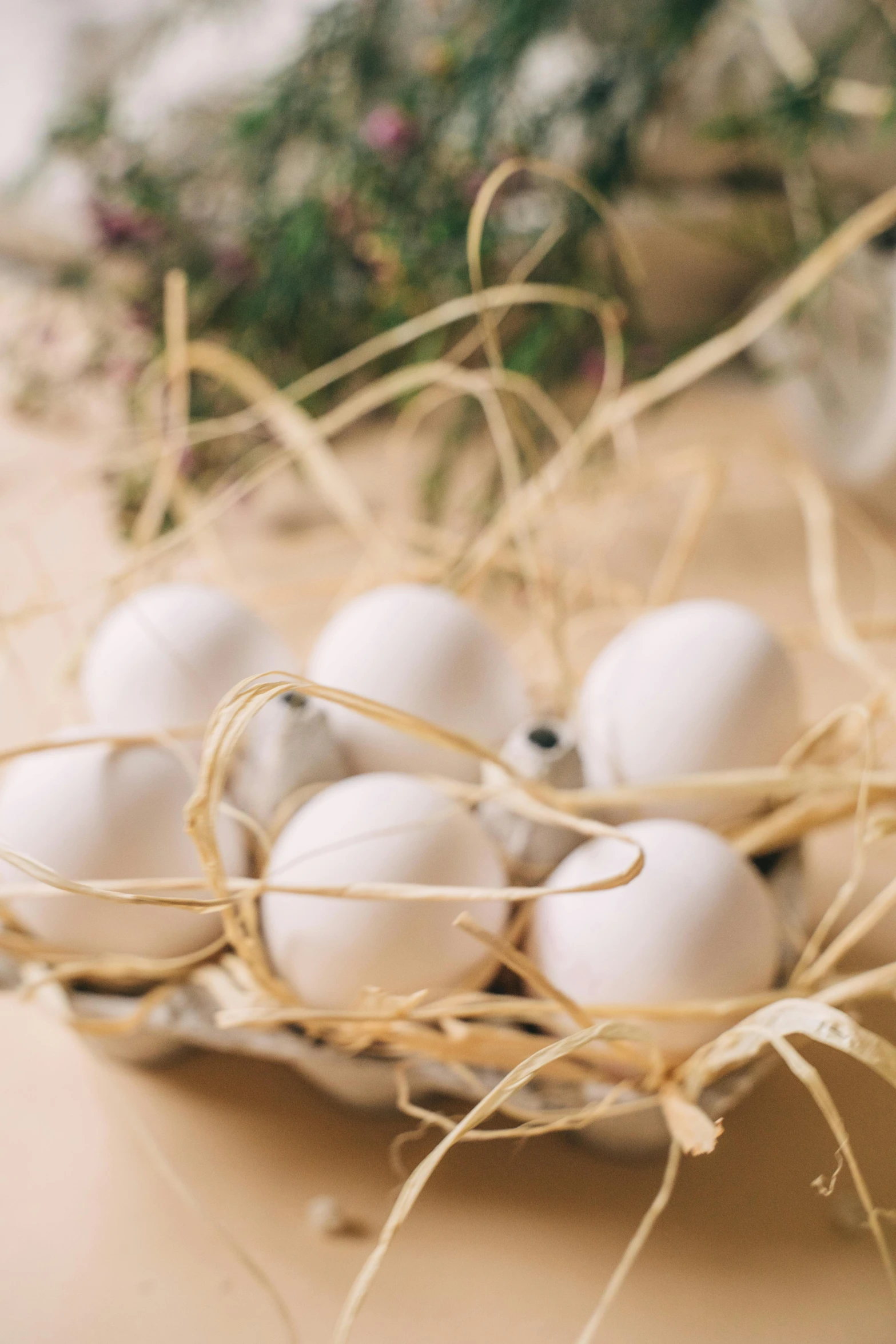 a bowl filled with eggs sitting on top of a table, hay, organic ceramic white, zoomed in, small